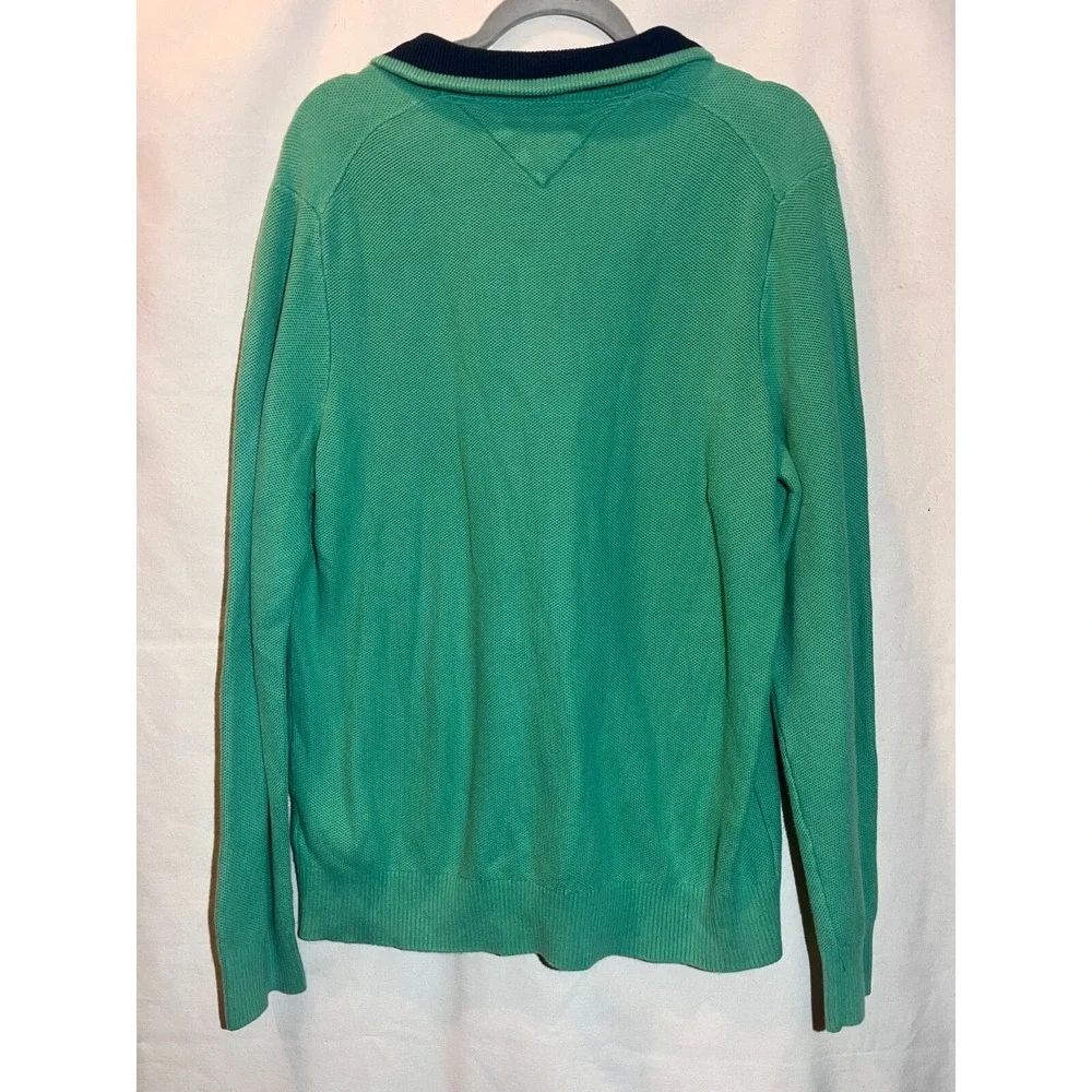 Tommy Hilfiger Mens SZ L 1/4 Zip Mock Neck Sweater Pullover Knit  Green Logo B9